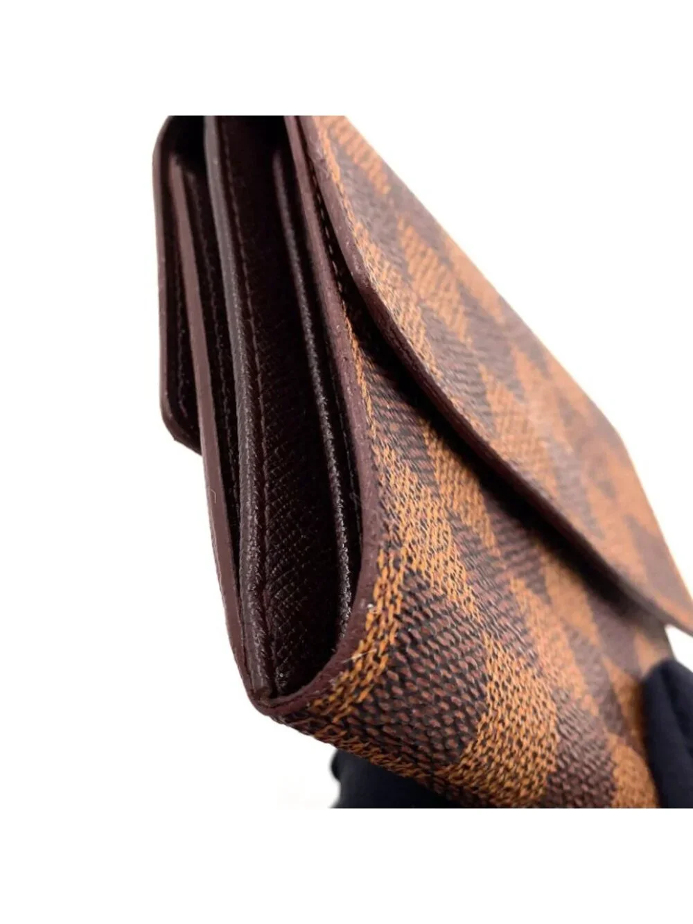 Louis Vuitton Portefeuille Elise Damier Ebene Leather Brown Hook Wallet Gold